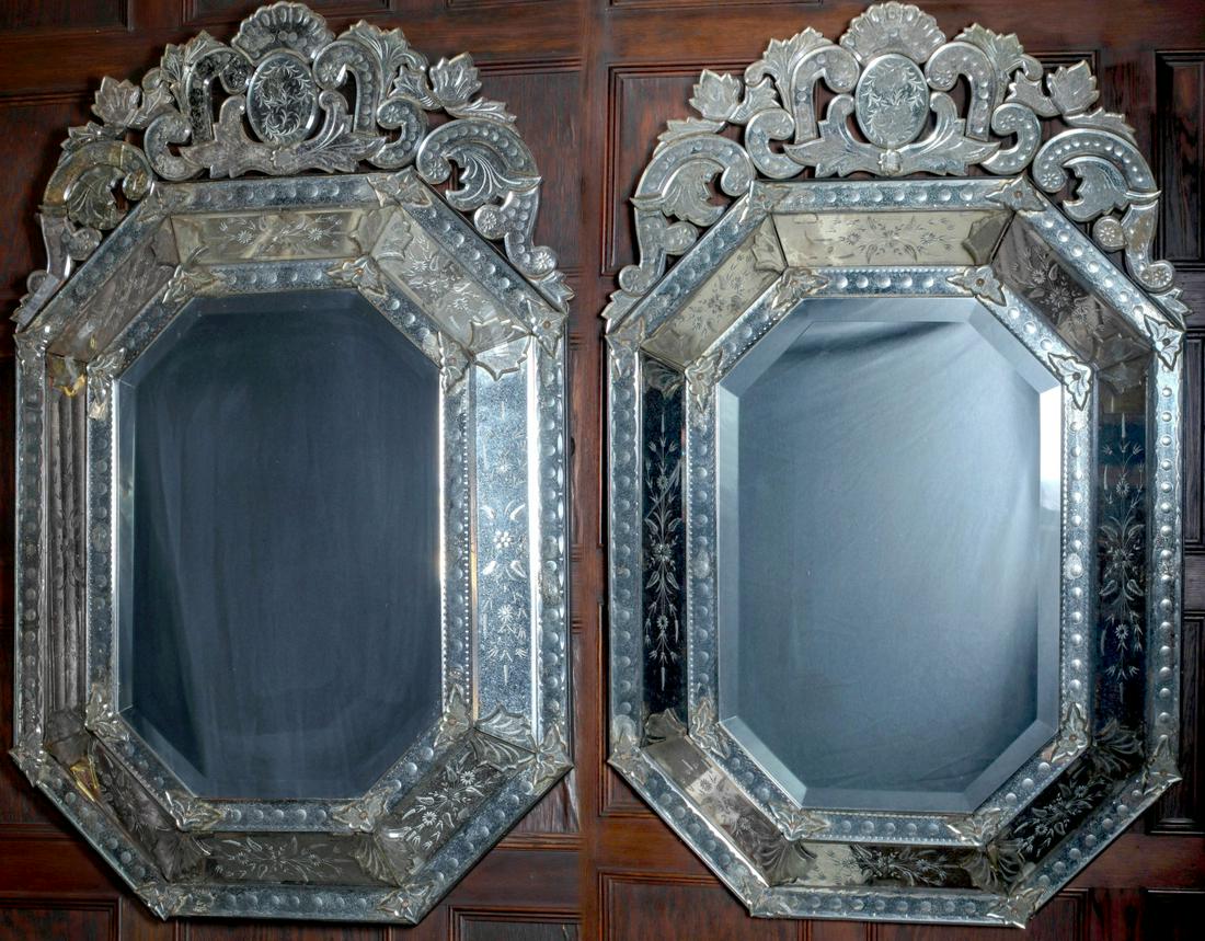 A PAIR LARGE EARLY 20C. CUT ENGRAVED VENETIAN MIRRORS (1 of 19)