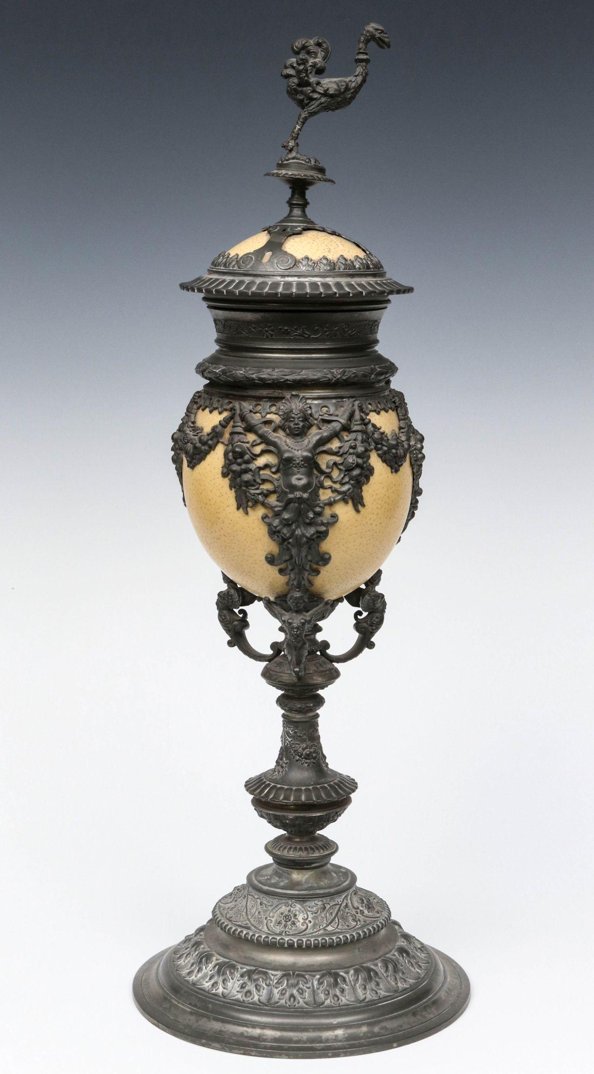 A CONTINENTAL PEWTER MOUNTED OSTRICH EGG COVERED CUP (1 of 14)