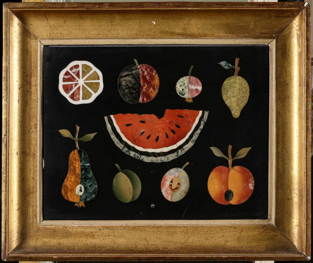 RICHARD BLOW (1904-1983) MODERNIST PIETRA DURA PLAQUE: Richard Allmand Blow (1904 - 1983) Untitled Study of Fruit Mid 20th Century. The large example inlaid with semi-precious stones and the artist's cipher as shown, presented in the original frame and wi