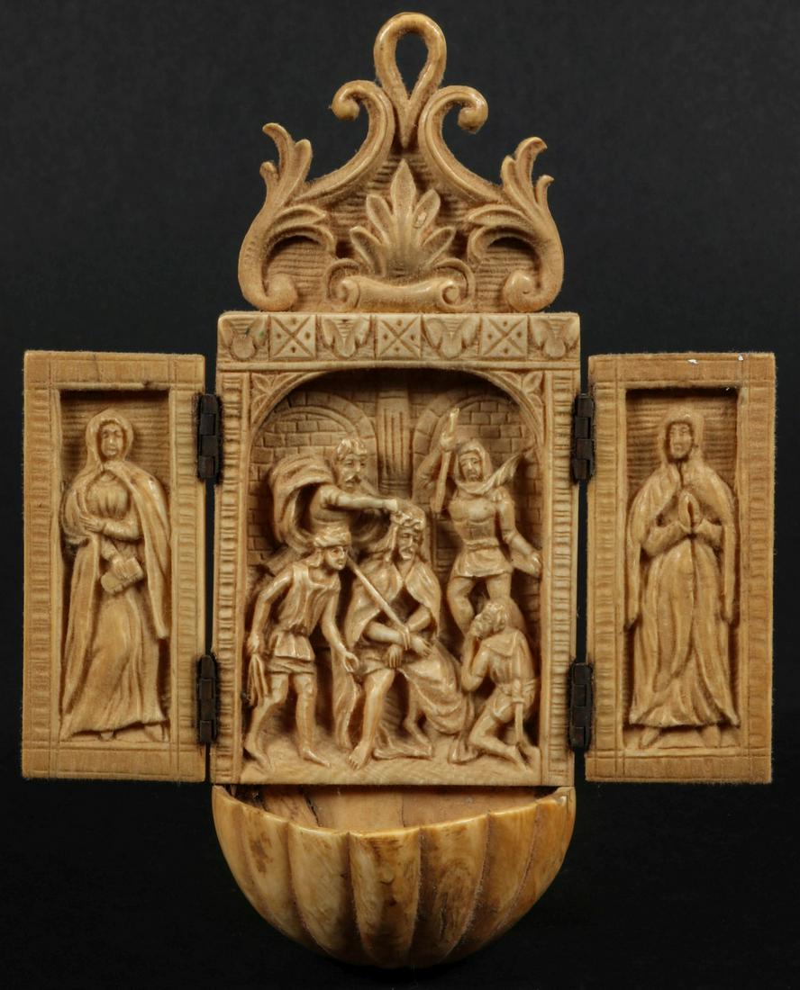 AN 18TH/19TH C. CARVED IVORY TRIPTYCH HOLY WATER FONT (1 of 10)