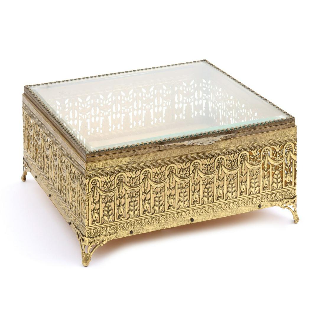A MID 20TH CENTURY BRASS FILIGREE JEWELRY BOX: As shown. We happily provide seamless in-house packing and shipping services on nearly everything we sell.