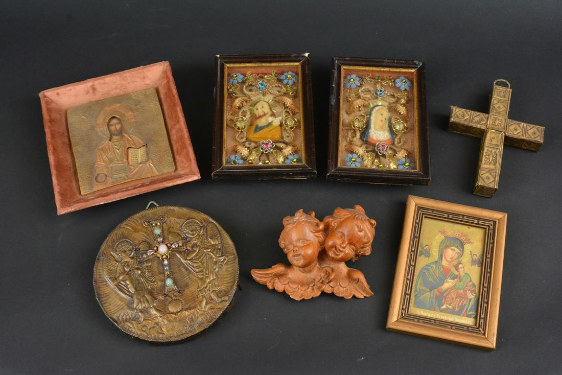 A COLLECTION OF SMALL ECCLESIASTICAL OBJECTS: The collection of antique and decorative objects as shown. Portrait of Jesus measures 8 x 7.25 inches. Provenance: The multi-generation collection of an early Kansas City family in the same home since