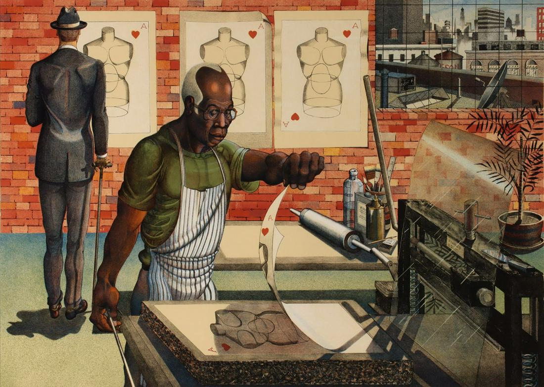 RON ADAMS (B. 1934) PENCIL SIGNED COLOR LITHOGRAPH: Ron Adams (Born 1934) Blackburn 2002 The color lithograph on Rives paper printed and published by the Lawrence Lithography Workshop, signed by the artist in pencil lower right, numbered 76 from an edi