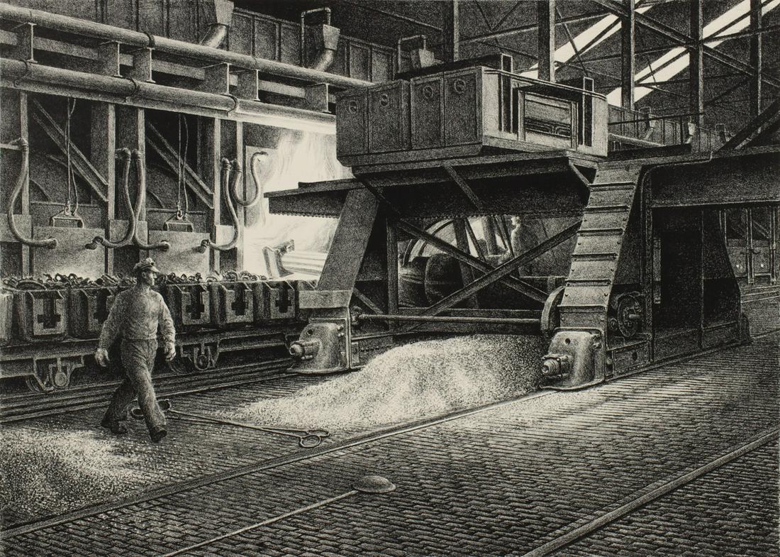 JACKSON LEE NESBITT (1913-2008) RARE SIGNED LITHOGRAPH: Jackson Lee Nesbitt (1913-2008) Charging Scrap - Sheffield Steel Corporation 1949 - 1950 The composition in the unusual medium from Nesbitt's vast series commissioned by Sheffield Steel Corporation is