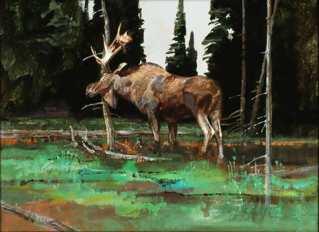 DENNIS ANDERSON (1940-2005) OIL ON ARTIST'S BOARD: Dennis P. Anderson (1940-2005) Late 20th Century. The image of a bull moose rubbing velvet is signed lower left. Sight size measures 13.25 x 18.5with a framed size of 21.75 x 26.75 inches. We happily 