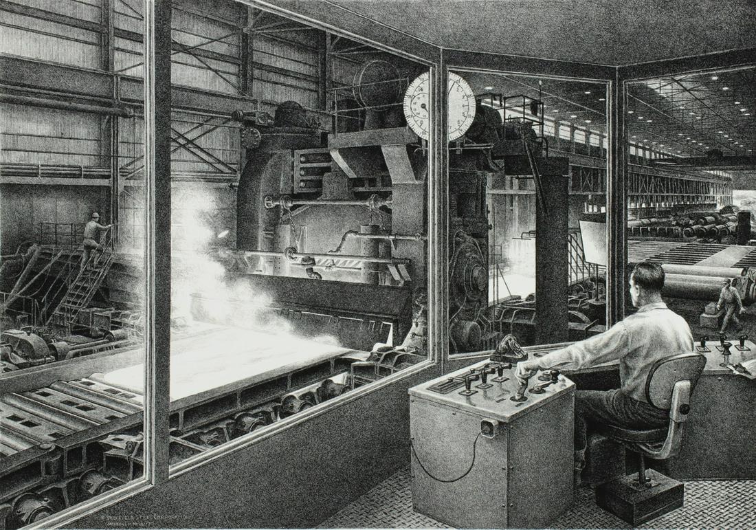 JACKSON LEE NESBITT (1913-2008) PENCIL SIGNED LITHO: Jackson Lee Nesbitt (1913-2008) Four High Rolling Mill - Sheffield Steel Corporation Circa 1940 The scarcely seen image in an unusual medium from Nesbitt's vast series of commissions for Sheffield Ste