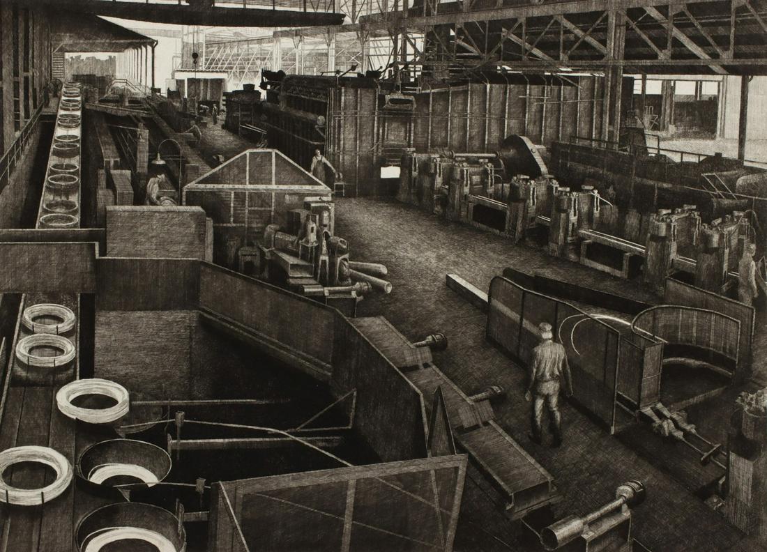 JACKSON LEE NESBITT (1913-2008) PENCIL SIGNED ETCHING: Jackson Lee Nesbitt (1913-2008) Rod Mill - Sheffield Steel Corporation Circa 1940. The scarcely seen image from Nesbitt's vast series of commissions for Sheffield Steel Corporation is signed by the ar