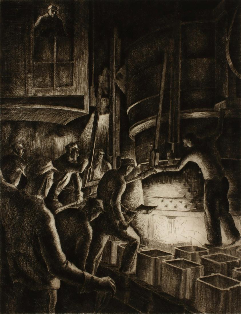 JACKSON LEE NESBITT (1913-2008) PENCIL SIGNED ETCHING: Jackson Lee Nesbitt (1913-2008) Teeming, Sheffield Steel series 1938 The scarcely seen image from Nesbitt's vast series of commissions for Sheffield Steel Corporation is signed by the artist in pencil
