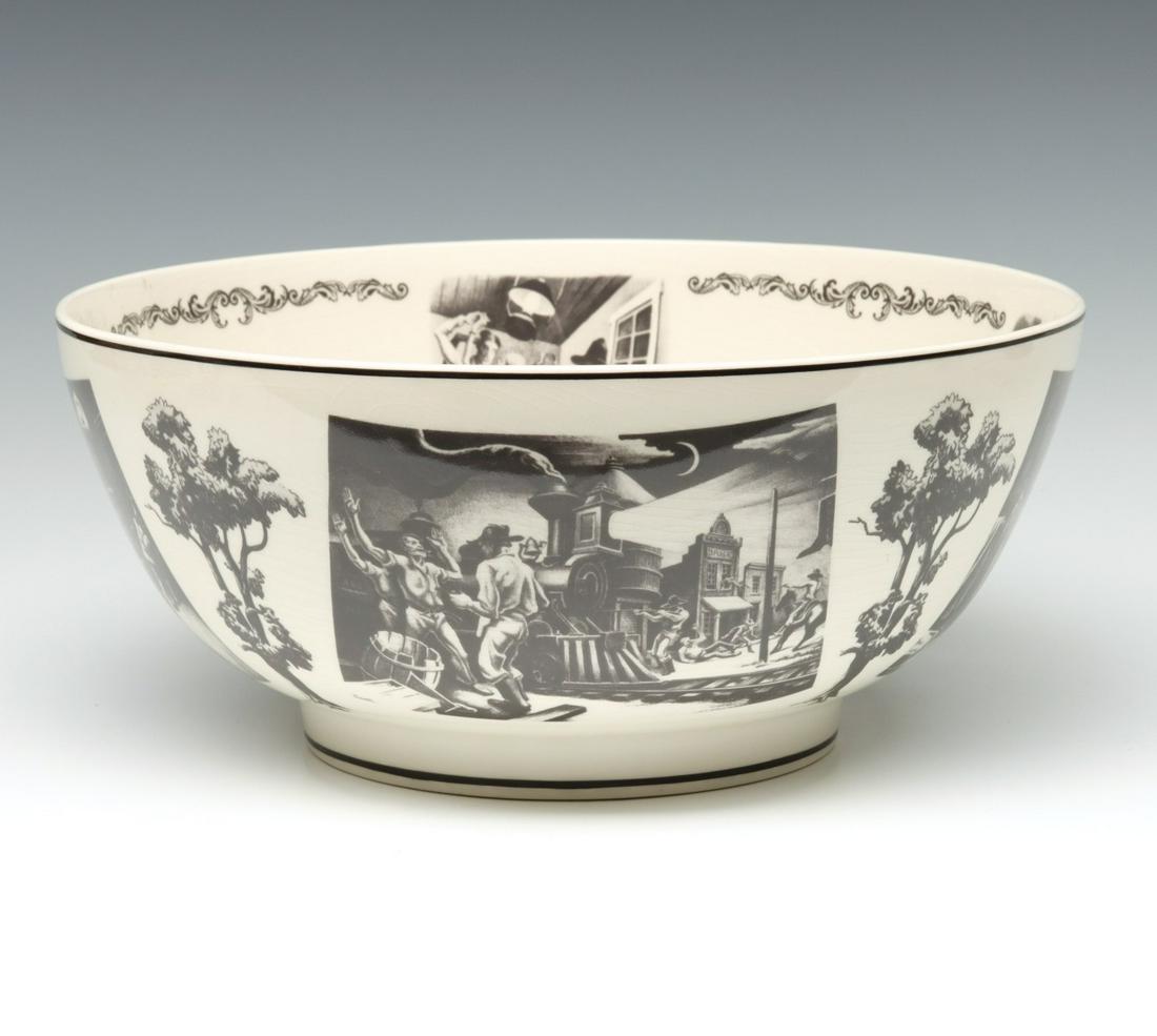 A THOMAS HART BENTON COMMEMORATIVE CERAMIC BOWL: The Wedgwood bowl commissioned by Anderson & Company Austin, Texas and limited to an edition of only 200 examples produced in 1985 displays images from works by Thomas Hart Benton as selected by t