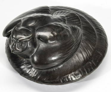 STEVE KESTREL (BORN 1947) MODERNIST BRONZE: Steve Kestrel (Born 1947) The small low composition of an owlet on circular cushion-like base in dark greenish black patina, signed on the underside of an edge and numbered 1/60. Measures 2.5 x 5 inch