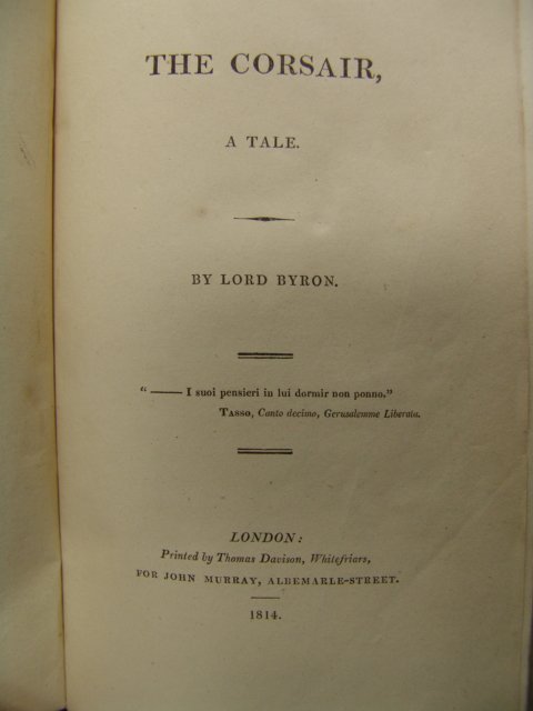 Byron. THE CORSAIR.: Byron. THE CORSAIR: A TALE. London 1814. John Murray. Octavo. Modern rebound in half leather with beautiful marbled boards and marbled endpapers. Poem.