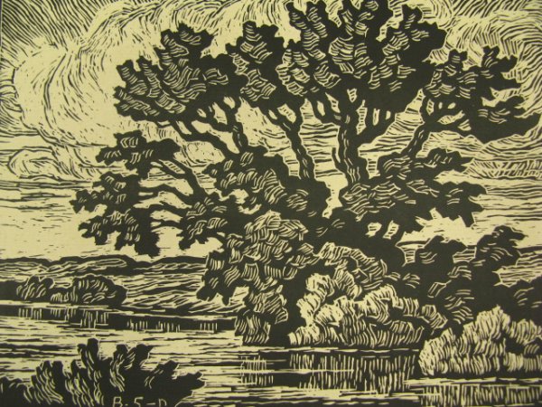 PENCIL SIGNED LINOCUT BY BIRGER SANDZEN (1871-1954: A 1939 linoleum cut titled "Prairie Stream," and alternately "Pond With Willows." Printed Sandzen signature lower right, titled lower left. Image field 7 x 9 1/2 inches, 9.5 x 12 inch sheet size. Unfr