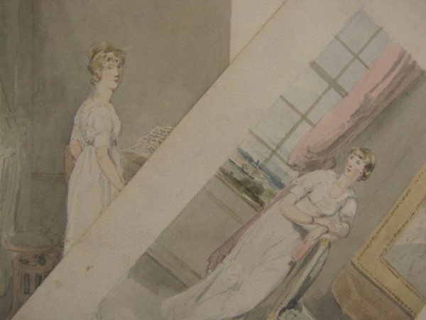 TWO WATERCOLORS, MANNER OF JOHN RUBENS SMITH: Two early 19th century watercolors on paper in the style of John Rubens Smith (1775 - 1849). Each measures 8.5 x 5.5 inches.