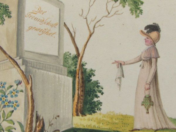 19TH C. MOURNING WATERCOLOR WITH LADY AND MONUMENT: A watercolor on paper depicting a well-dressed lady with handbag and handkerchief at a monument bearing inscription, "Der Freundschaft geweyhet," measures 4.5 x 7.5 inches. The previous owner suggeste