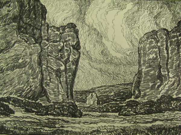 PENCIL SIGNED LITHO BY BIRGER SANDZEN (1871-1954): A 1919 lithograph titled "The Gateway." Pencil signed by Sandzen lower left, titled lower right. Image field 12 x 18 inches, 16 x 22.25 inch sheet size. Unframed.