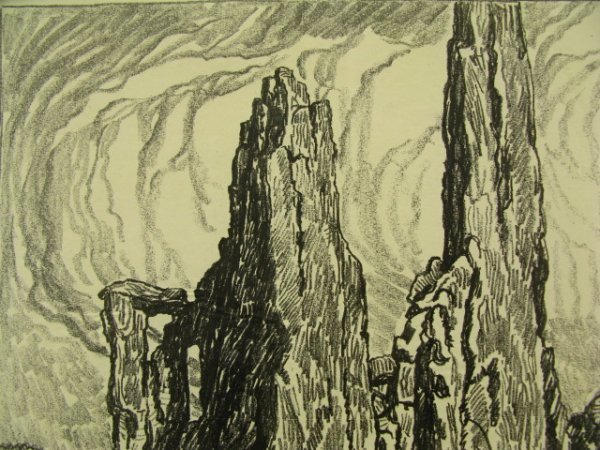 PENCIL SIGNED LITHO BY BIRGER SANDZEN (1871-1954): A 1918 lithograph titled "Cathedral Spires." Pencil signed by Sandzen lower left, titled lower right. Image size 20 x 15 inches. Unframed.