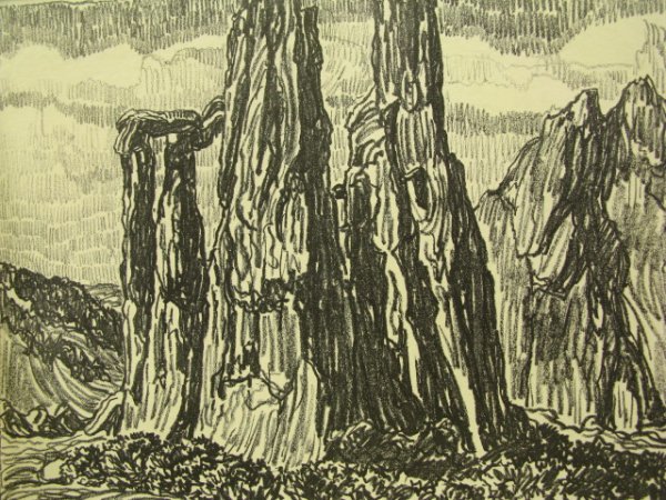 PENCIL SIGNED LITHO BY BIRGER SANDZEN (1871-1954): A 1917 lithograph titled "In the Garden of the Gods." Pencil signed by Sandzen lower left, titled lower right. Sandzen also appears to have written 'Manitou, Colo.' beneath the title. Image field 14 3