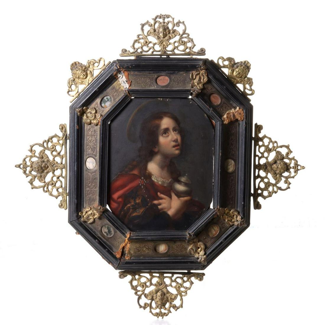 MARY MAGDALENE WITH AN OIL JAR AFTER CARLO DOLCI: Late 19th Century. The Grand Tour era oil on academy board AFTER the work by Carlo Dolci the Italian painter of the Baroque period, gallery label verso from Domini & Son, Florence. The work is display