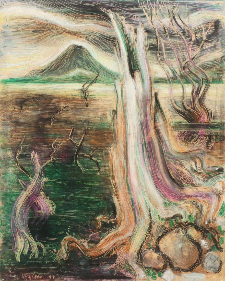 A SIGNED WORK ON PAPER WITH SGRAFFITO DATED 1947 (1 of 12)