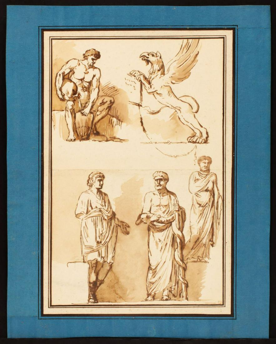 A 19TH C. BROWN INK WASH STUDY OF CLASSICAL SUBJECTS (1 of 10)