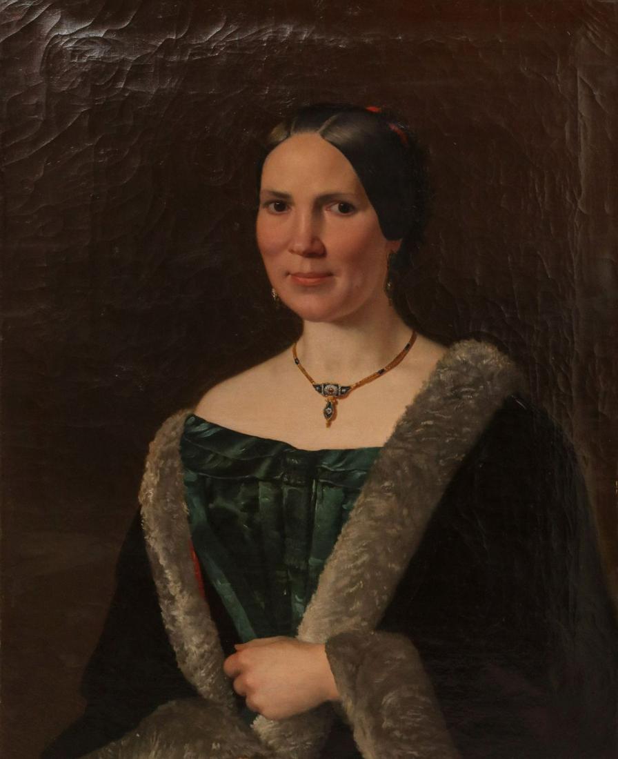 A 19TH C. PORTRAIT OF A LADY SIGNED BRANDMULLER: The portrait of a lady with red ribbon, interesting necklace, green satin dress, fur trimmed cape, signed Brandmuller lower left side in red pigment. Frame measures 37.25 x 32.25 inches. We happily pr