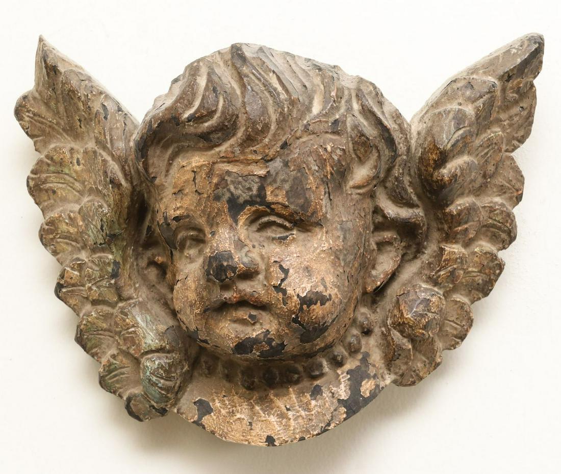A CARVED AND PAINTED WOOD WINGED CHERUB BUST (1 of 9)