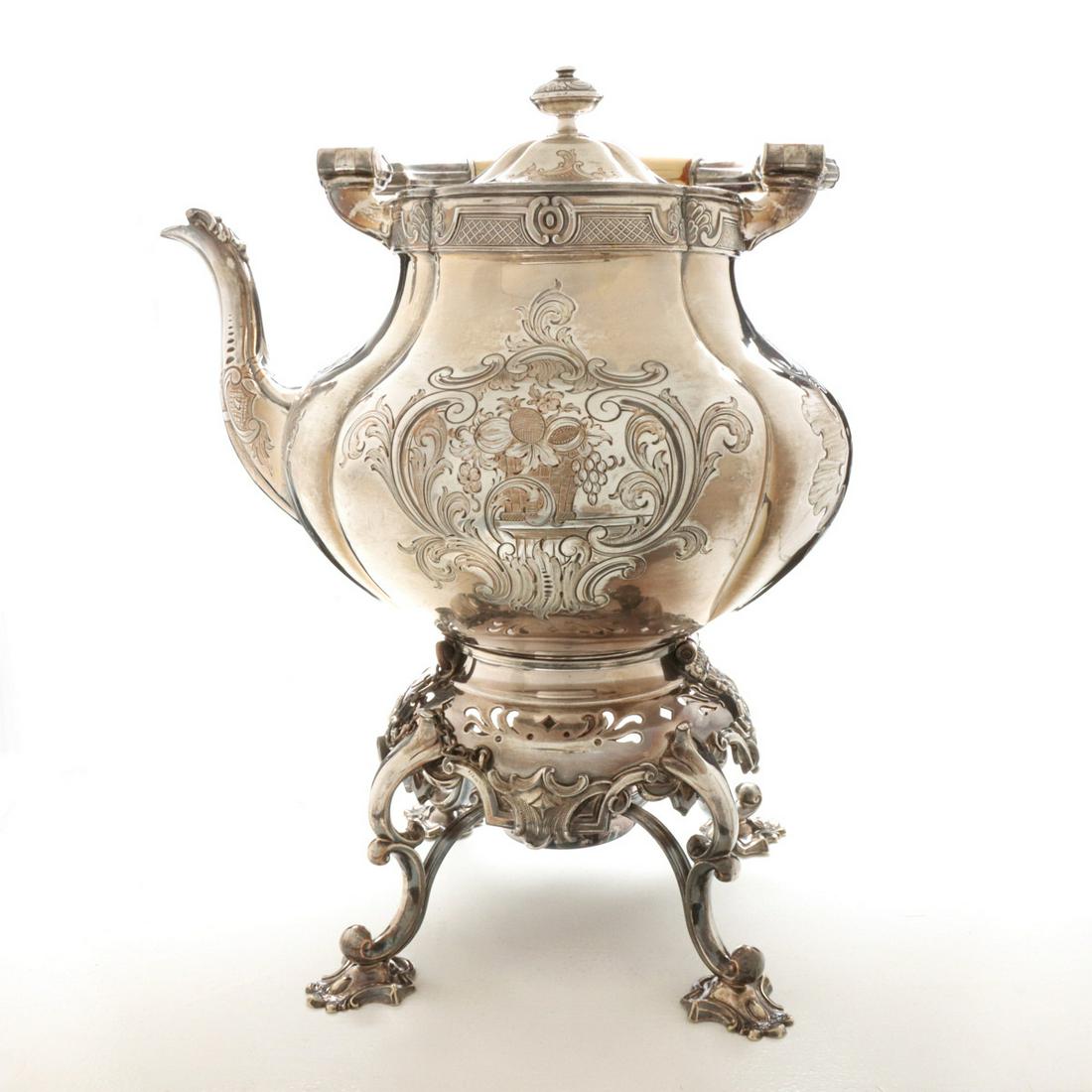 AN EARLY 20TH C. SILVER PLATED TIPPING TEAKETTLE (1 of 17)