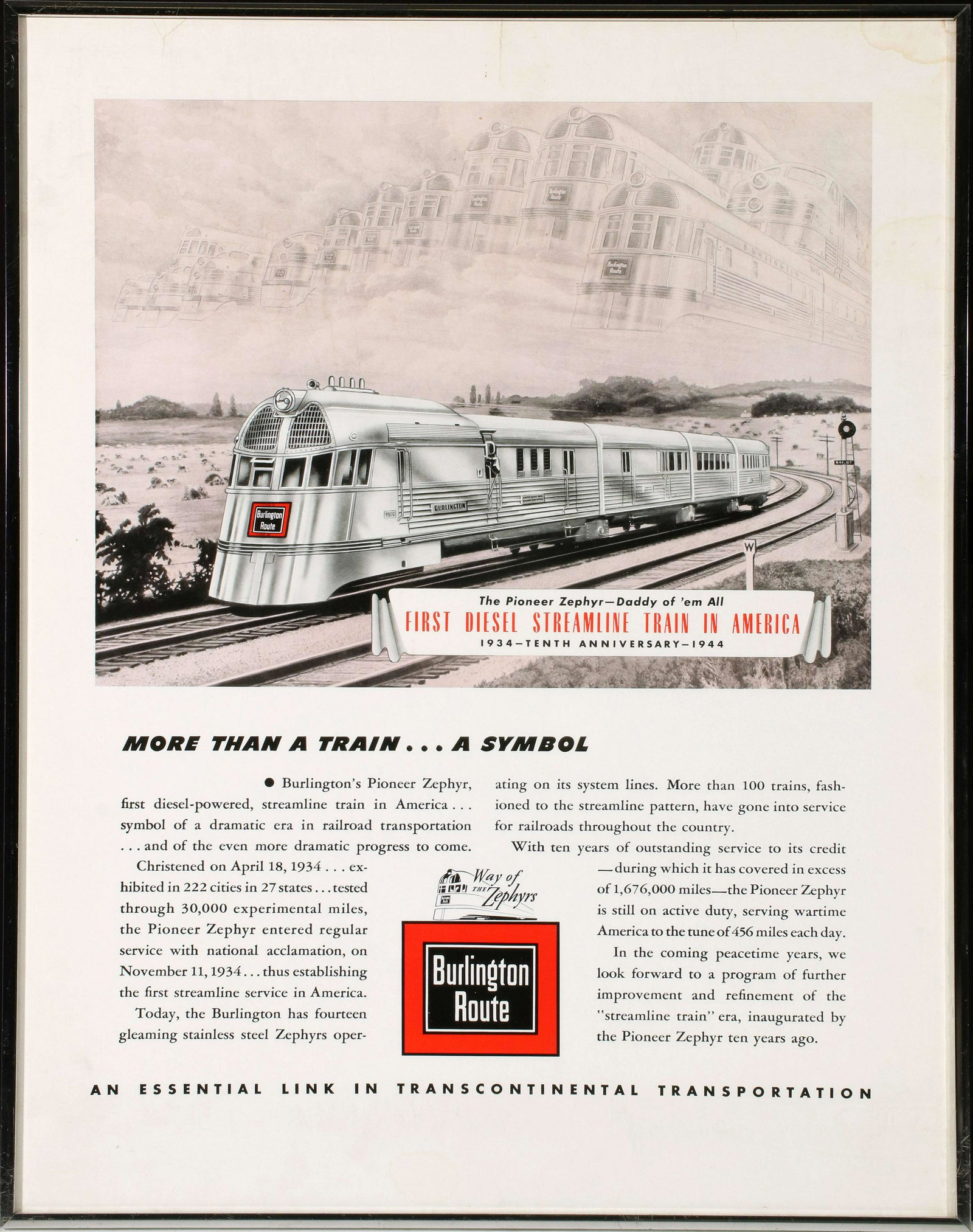 A 1940s FRAMED POSTER FOR THE BURLINGTON ROUTE ZEPHYR (1 of 9)