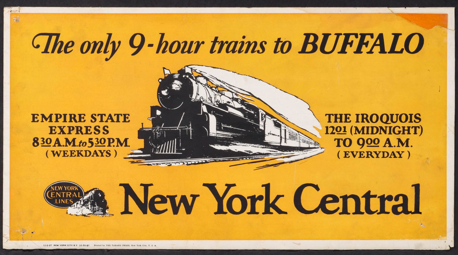 A NEW YORK CENTRAL 9-HOUR TRAINS TROLLEY SIGN (1 of 12)
