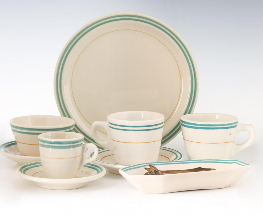 SOUTHERN RAILWAY 'PIEDMONT' PATTERN RAILROAD CHINA: Nine pieces of 'Piedmont' pattern china for the Southern Railway System includes: A 10.125-inch dinner plate with backstamp, signed Sterling; A relish dish with backstamp, signed Sterling, measures 7.