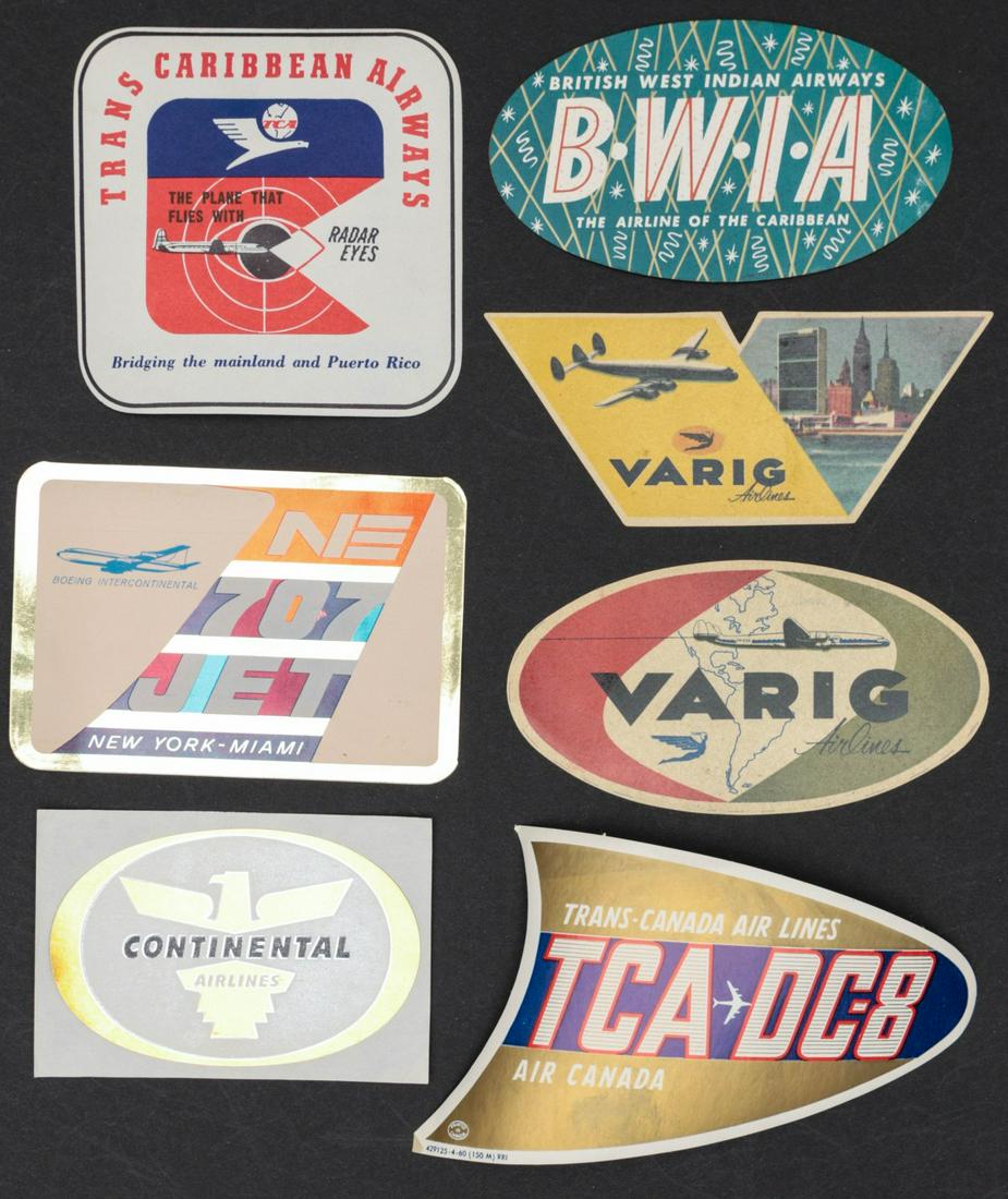 A COLLECTION OF 39 VINTAGE AIRLINE LUGGAGE STICKERS: A great collection of good examples of vintage American airline company logos and graphic designs. We happily provide seamless in-house packing and shipping services on nearly everything we sell, exce