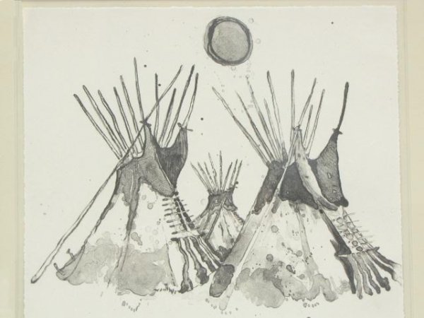 PENCIL SIGNED KEVIN RED STAR ETCHING CROW LODGES: Pencil signed lower right corner next to blind stamp, titled center, limited edition numbered 27/75 lower left corner next to three raining clouds blind stamp. 9.5 x 10 inch sheet size.
