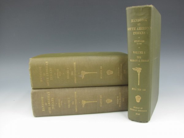 THREE VOLS HANDBOOK OF SOUTH AMERICAN INDIANS: Julian H. Steward, bulletin 143. Lot includes volume I: "The Marginal Tribes," 1946, 624 pp, illus. Volume II: "The Andean Civilizations," 1946, 1035 pp., illus, and volume III: "The Tropical Forest T