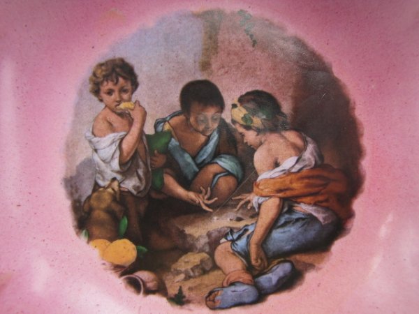 AN RS PRUSSIA DICE PLAYERS BOWL - RESTORED: RS Prussia signed reverse, pink to green & yellow edges, color image in center, measures 3 x 10.5 inches.