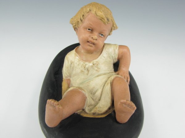 AUSTRIAN TERRA COTTA FIGURAL HUMIDOR WITH BOY IN TOP HA: Hand incised "251 BB" to bottom, depicts young boy laying in an upturned top hat, measures 6 inches tall.