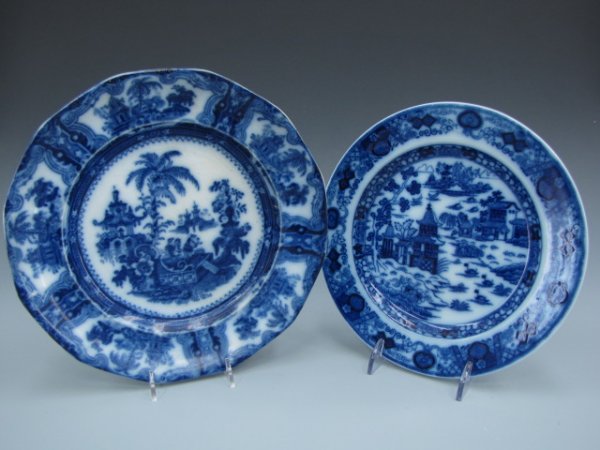 TWO EARLIER ANTIQUE FLOW BLUE PLATES: One with incised Ashworth mark, measures 9.25 inches, other 10.25 inches.