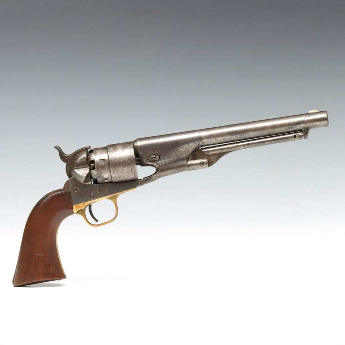 A COLT MODEL 1860 ARMY .44 CALIBER SIX SHOT REVOLVER: Colt NMN (serial #:131007) The .44 caliber, standard round cylinder revolver with three-screw frame, round barrel stamped 'Address Col. Sam Colt New York U.S. America', serial number 131007 on the bac