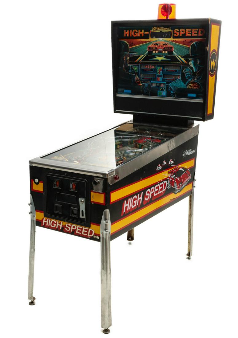 A WILLIAMS HIGH SPEED PINBALL MACHINE CIRCA 1985: The popular 25 cent machine with top light, model 541 circa 1985. Measures 79 x 53.5 x 30.25 inches. Please be aware that this lot is too large to ship by conventional carrier such as UPS, USPS or Fed