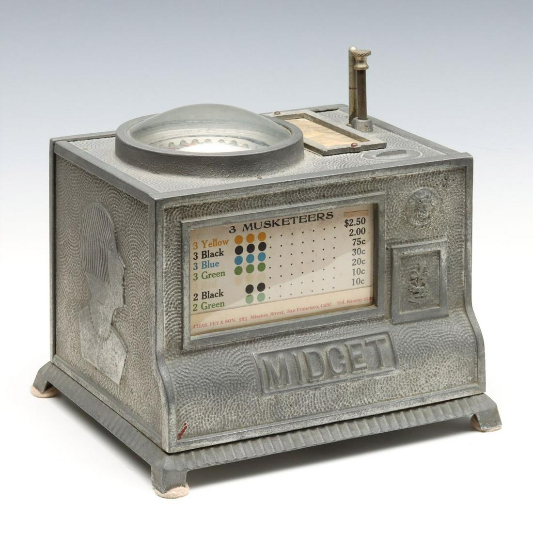 A CHARLES FEY MIDGET ROULETTE TRADE STIMULATOR C. 1926: The cast aluminum case with pebbled ground and bust profile of flapper girls each end, windows with original reward cards front, top and back; embossed lettering of MIDGET in panel front side, glass d