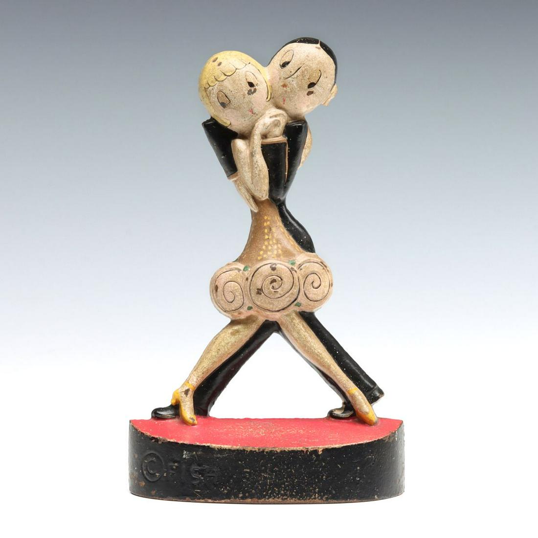 HUBLEY CAST IRON CHARLESTON DANCERS DOORSTOP: The scarce and desirable doorstop known as 'Charleston Dancers' is signed Fish on the base for designer Anne Harriet Fish (1890-1964). Measures 8.5 x 5.25 x 1.75 inches. We happily provide seamless in