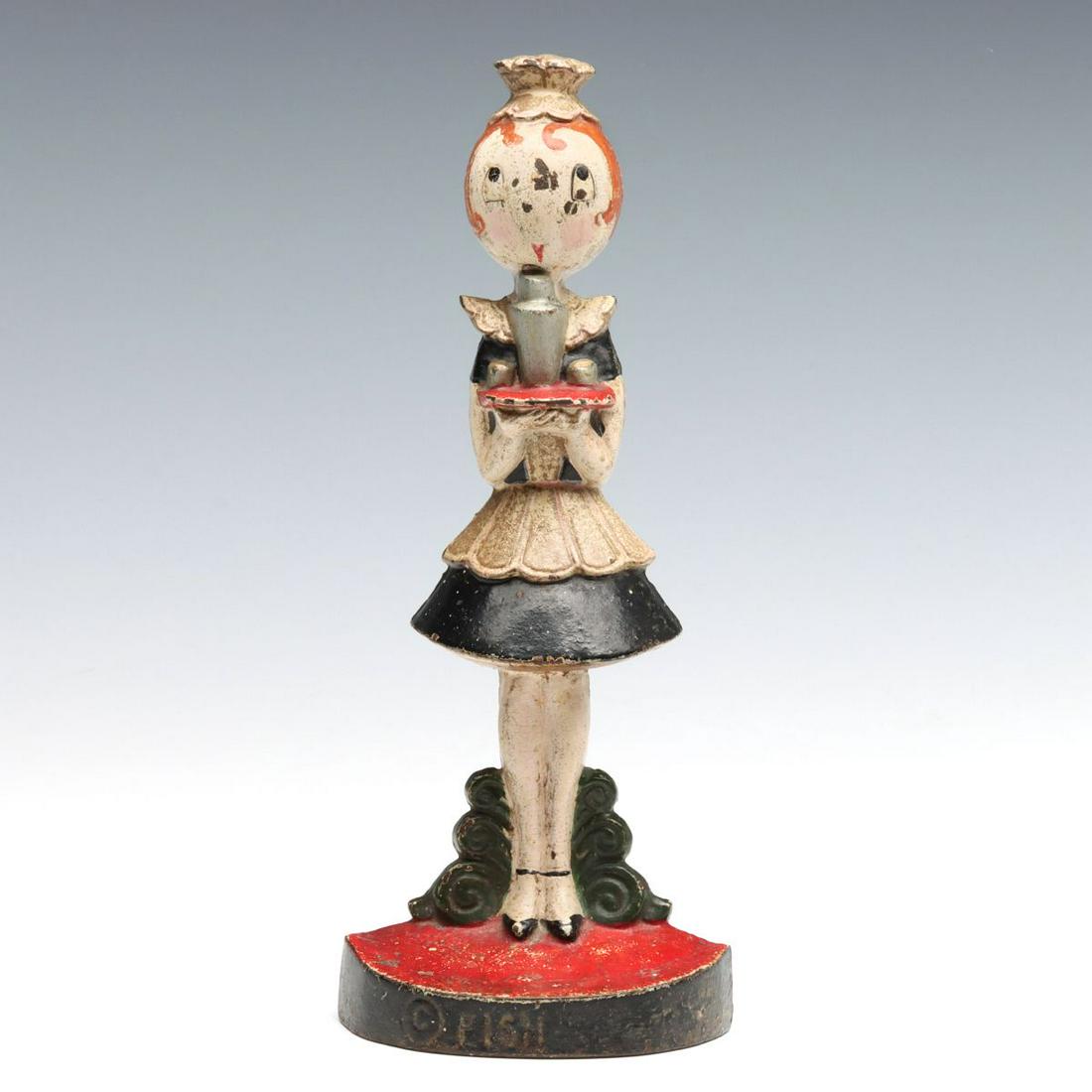 A HUBLEY CAST IRON PARLOR MAID ART DECO DOORSTOP: The polychrome cast iron doorstop known as 'The Parlor Maid,' signed Fish on the base for designer Anne Harriet Fish (1890-1964), Hubley number 268 back side. Measures 9 x 3.75 x 1.5 inches. We happil