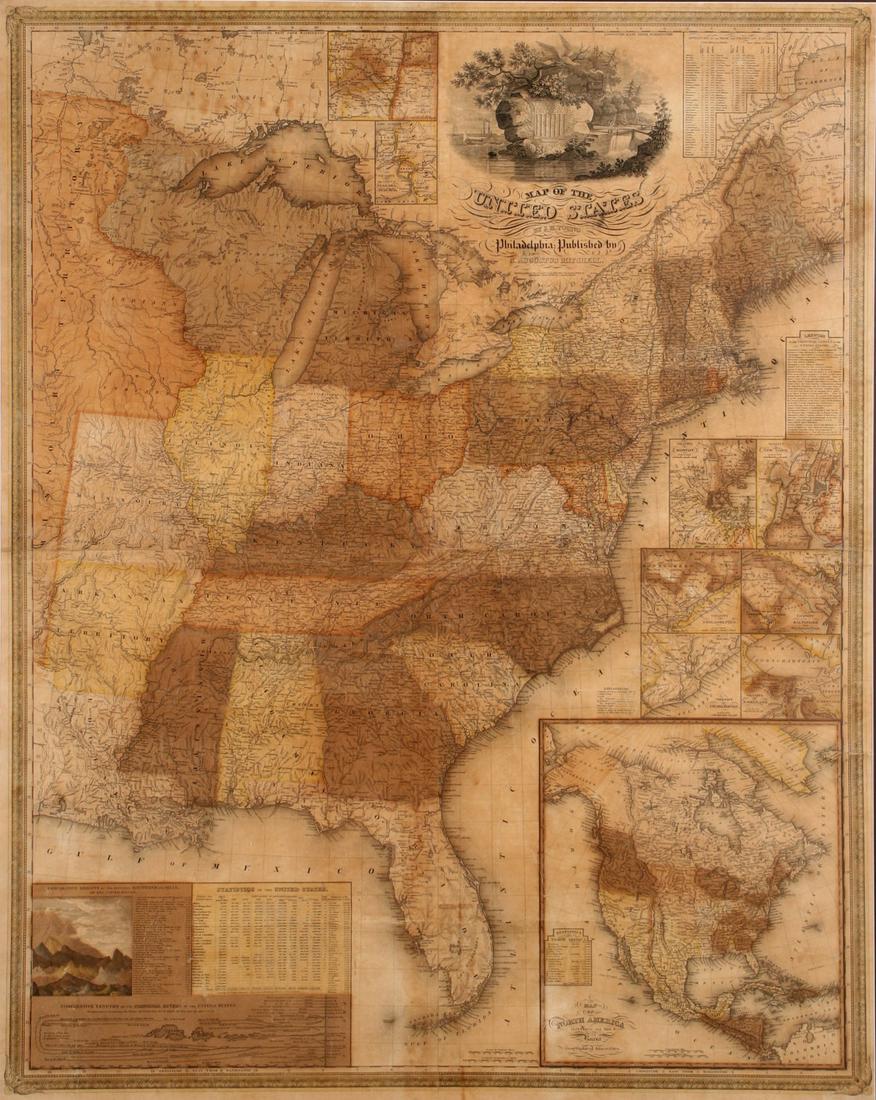 RARE LARGE 1831 EDITION OF MITCHELL'S MAP OF U. S.: A rare large wall map by J.H. Young, published by S. Augustus Mitchell circa 1831, first edition, the large wall map with various inset maps, views, comparative tables of river lengths and mountain he