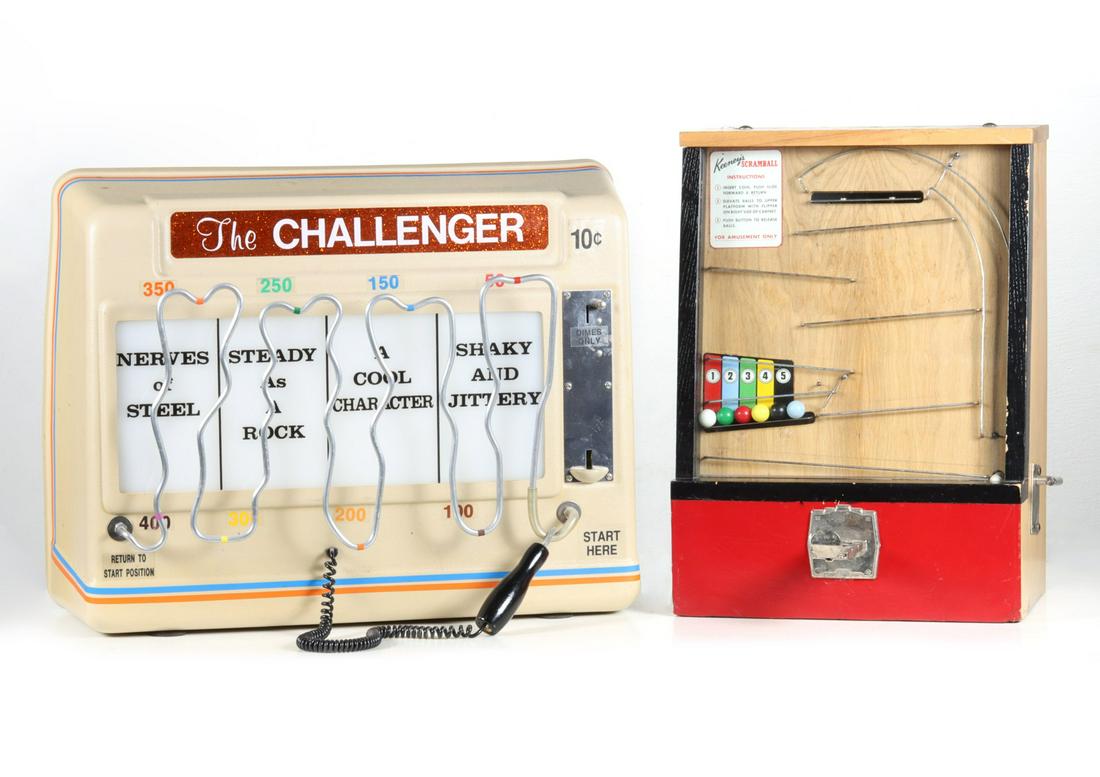 THE CHALLENGER AND KEENEY'S SCRAMBALL COIN OP GAMES: The Keeney and Sons, Inc. SCRAMBALL wood case trade stimulator was manufactured throughout the 1940s as a ball drop challenge to match colored glass balls to positions on the board. A second machine, 
