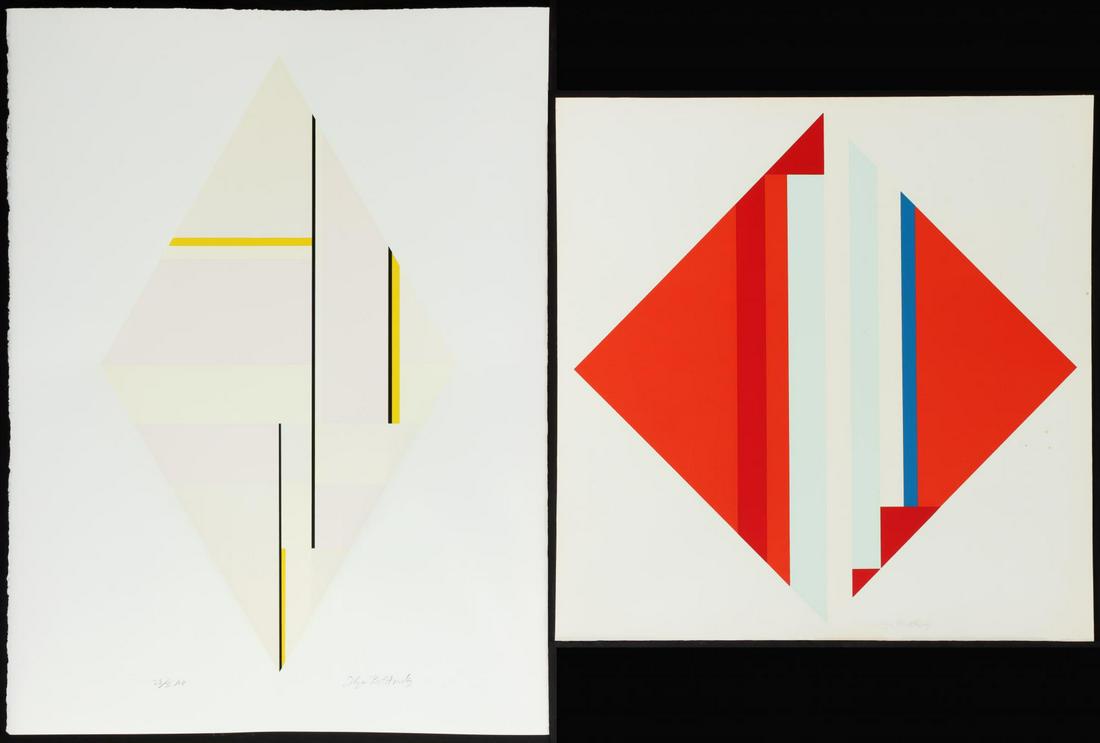 ILYA BOLOTOWSKY (1907-1981) PENCIL SIGNED SERIGRAPH (2): Ilya Bolotowsky (1907-1981) Signed lower right. Two works including a diamond form composition signed lower right, edition 28/35 lower left, on BFK Rives watermarked paper. Plus a red and blue square 