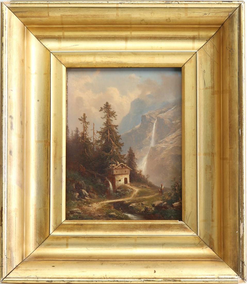 A 19TH CENTURY OIL ON PANEL SIGNED BERNARDI: The oil painting on mahogany is signed lower left and displayed in a fine original lemon gold frame. Panel size 8.5 x 6.5, the frame measures 14 x 12 inches. We happily provide seamless in-house packi