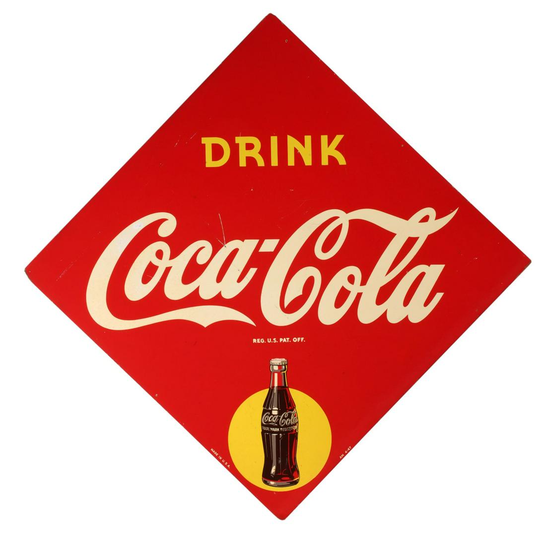 A 1946 DIAMOND SHAPE PAINTED MASONITE COCA-COLA SIGN: The red ground with yellow and white lettering pictures a bottle with yellow disc graphic. Measures 59.25 x 59.25 inches. We happily provide seamless in-house packing and shipping services on nearly e