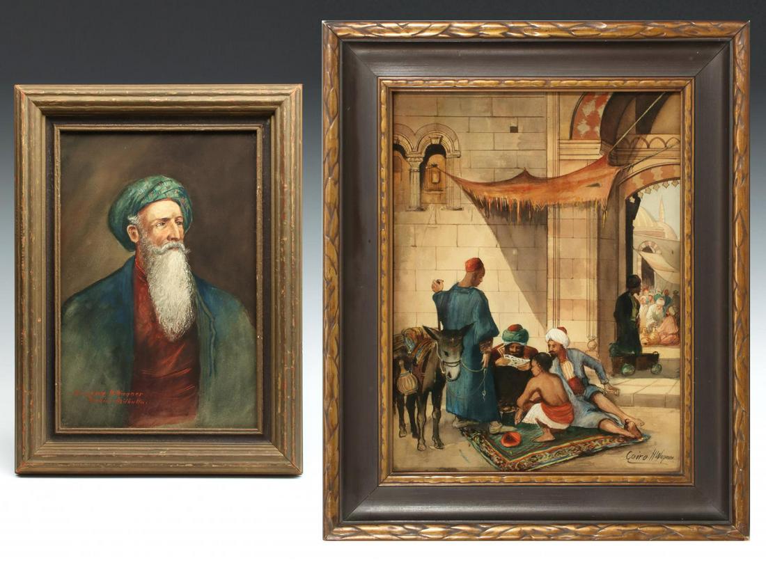 AN ORIENTALIST WATERCOLOR SIGNED H. WAGNER (TWO WORKS): Georg Fischhof (Alias H. Wagner, Austrian, 1859-1914) Cairo 1900-1910 The watercolor titled 'Cairo' and signed 'H. Wagner' lower right is paired with a watercolor portrait of a man with turban and bea