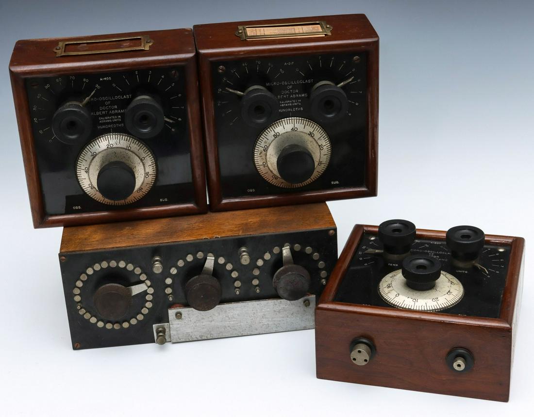 MICRO-OSCILLOCLAST OF DR. ABRAMS QUACK MEDICAL DEVICES: Three Dr. Abrams Radionics Reflexometer devices of zero medical benefit, plus another Abrams 'device', the Reflexophone. Dr. Albert Abrams, a charlatan of the first order who has been dubbed the 'Dean