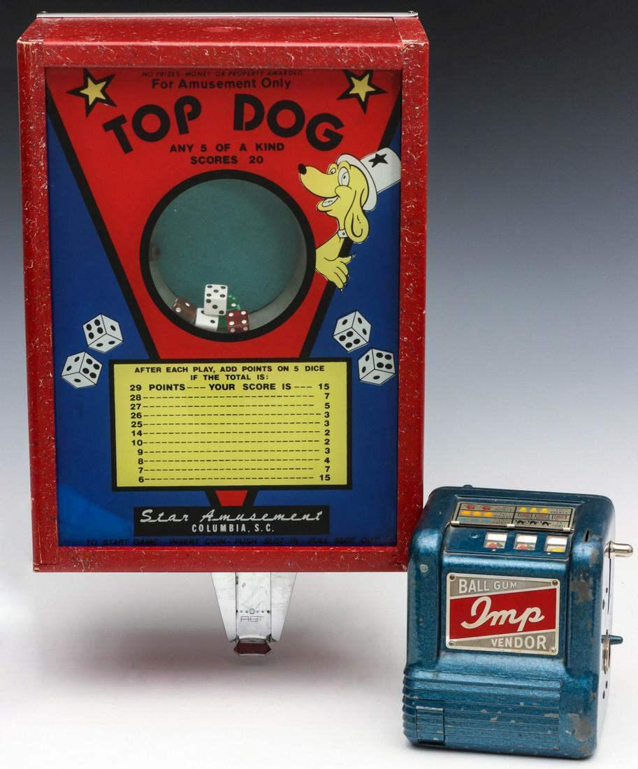 STAR AMUSEMENT TOP DOG AND GROETCHEN IMP COIN OP GAMES: The late 20th century Top Dog dice game is paired with a 1 cent trade stimulator from the 1940s. two trade stimulators as shown. Top dog measures 7 x 18 x 11 inches. The Imp is 6 x 5.5 x 5 inches. We 