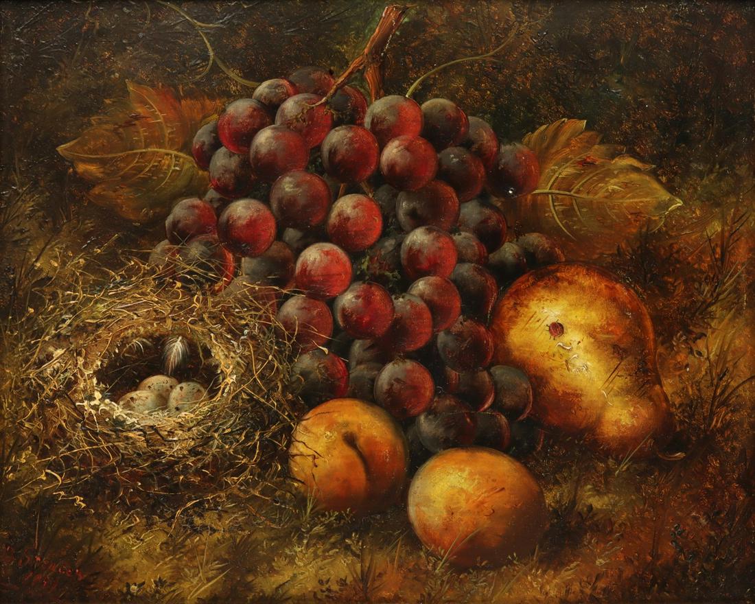 WILLIAM BARTLETT SPENCER (1850-1880) OIL ON BOARD: William Barnett Spencer (1850-1880) Fruit Still Life with Nest Mid to late 19th Century. The nature study on black Academy board with fruit and bird's nest lit from the left is signed by the artist in